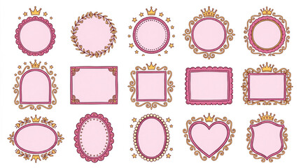 Princess pink frame set with gold crowns, 15 royal border vectors for girl birthday party, elegant decorative frames for nursery and wedding invitations © Hinaa