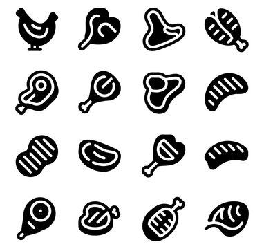 unique silhouette Grilled chicken, steak, or ribs: seasoned simply or slathered with smoky BBQ sauce 16 vector icon