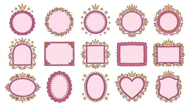 Princess pink frame set with gold crowns, 15 royal border vectors for girl birthday party, elegant decorative frames for nursery and wedding invitations