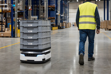 Obraz premium Autonomous warehouse robot carrying totes beside worker