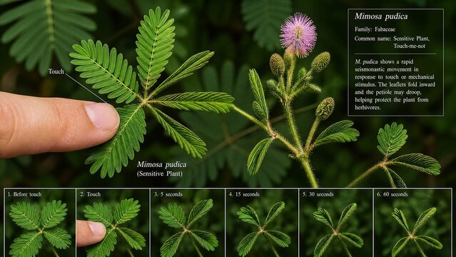 pudica. Mimosa pudica leaves closing upon touch, showing detailed botanical movement. gardening catalogs, home-decor guides, designed for gardening and botanical catalogs, used by copywriters.