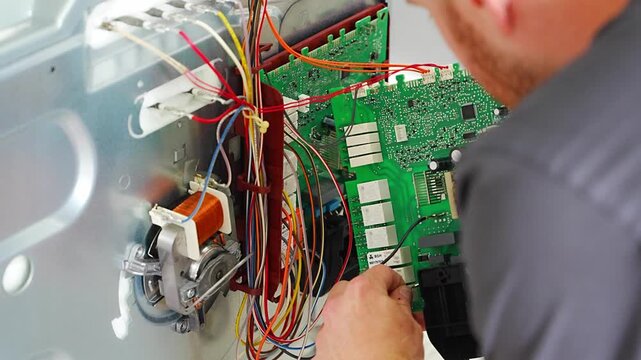 Appliance technician replacing faulty electronic control board inside electric oven. Home appliance repair and component replacement concept