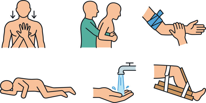 First Aid Emergency Medical Procedure Icon Set with CPR Heimlich Maneuver Bandaging Recovery Position Splinting and Burn Washing Line Illustrations