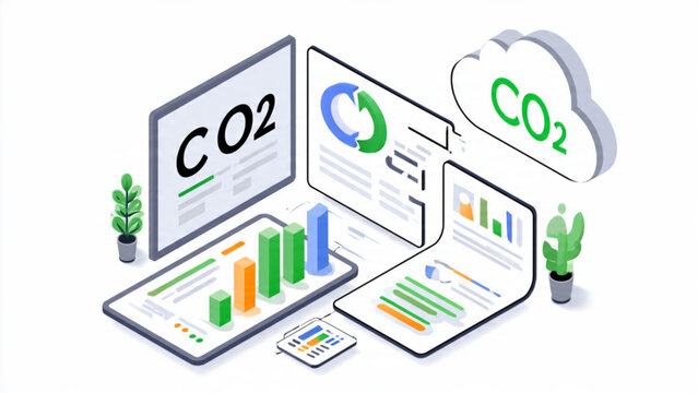 Digital climate change data analysis with graphs and charts on laptops and screens