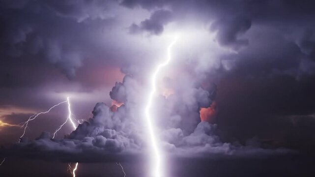 Dramatic stormy sky, dark clouds, lightning bolts, intense weather, natural disaster 4k