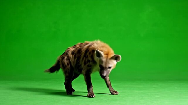 Spotted Hyena Animal Walking on Green Screen Background for Chroma Keying