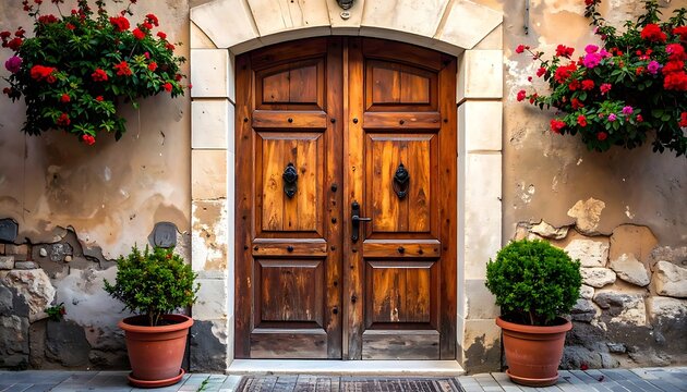 old wooden door with potted plants.
