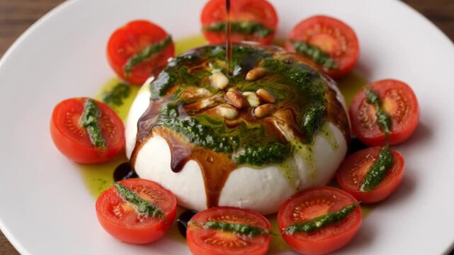 Burrata cheese served with cherry tomatoes, basil pesto, and pine nuts on a white plate, gourmet appetizer or Mediterranean salad dish.