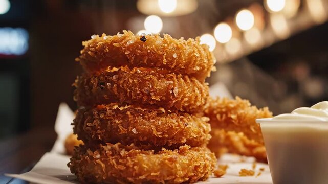 Stacked crispy onion rings on a metal tray with creamy dip cup under evening bokeh lights, golden crunchy crust, urban street food snack scene for casual restaurant appetizer tasting concept