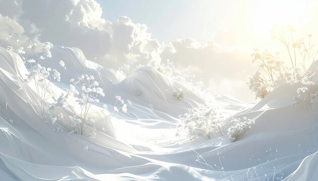 Dreamlike Winter Landscape with Soft Light and Snow-Covered Hills.