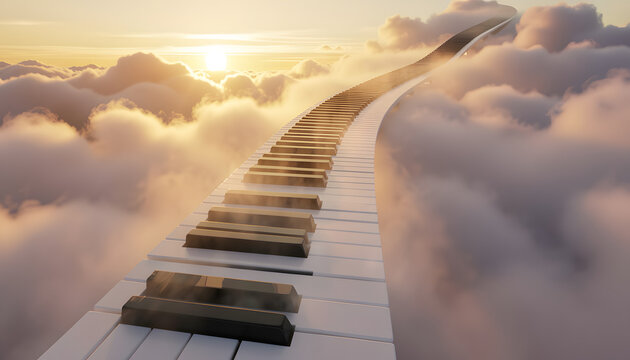 Surreal piano keyboard path leading through clouds at sunset