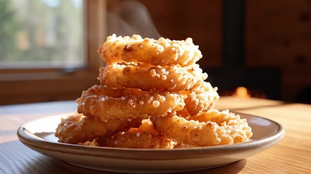 Stacked crispy onion rings on a ceramic plate by a warm window, golden battered rings with coarse crumbs, cozy wooden table lighting for homemade savory snack and inviting fresh appetizer concept
