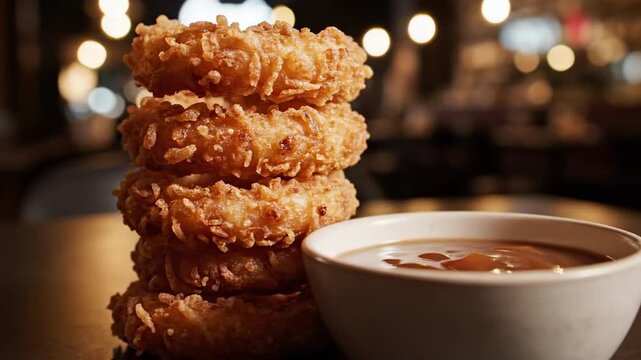 Stacked crispy onion rings beside orange dipping sauce on a dark restaurant table, golden crunchy batter, warm night bokeh lights, savory appetizer closeup for comfort food menu and snack concept
