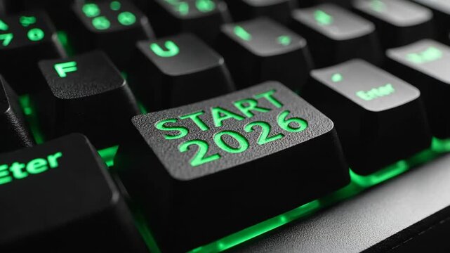 Macro View of a Black Computer Keyboard with a Glowing Green Start 2026 Enter Key
