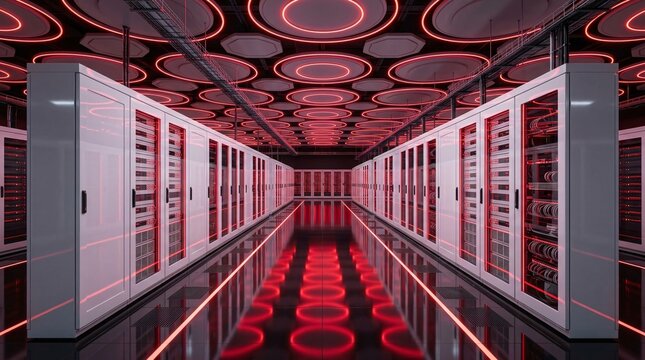 Pristine data center features long symmetrical rows of sleek white server cabinets completely illuminated by striking neon red LED lighting.