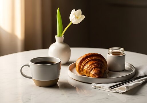 Fresh croissant and hot coffee cup with a flower on a table for a morning breakfast. kaffe pause