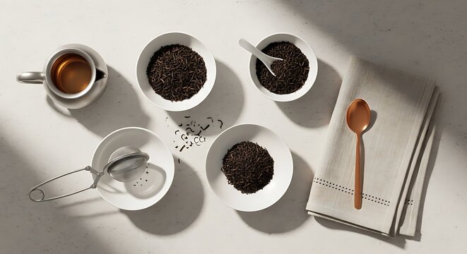 A top-down view of ctc tea leaves arranged in small white bowls alongside a metal tea strainer, a cup of brewed tea, and a spoon on a clean textured surface