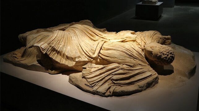 toga. A headless marble statue with detailed toga folds in a museum setting. event programs, museum guides, designed for cultural heritage projects and event programs, used by project managers.