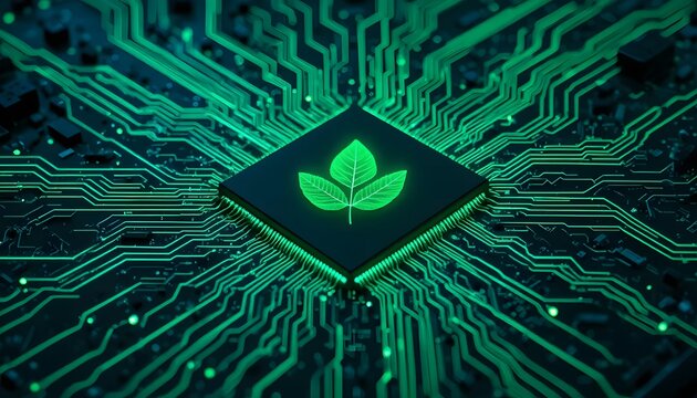 eco friendly green microchip processor with glowing leaf logo on circuit board