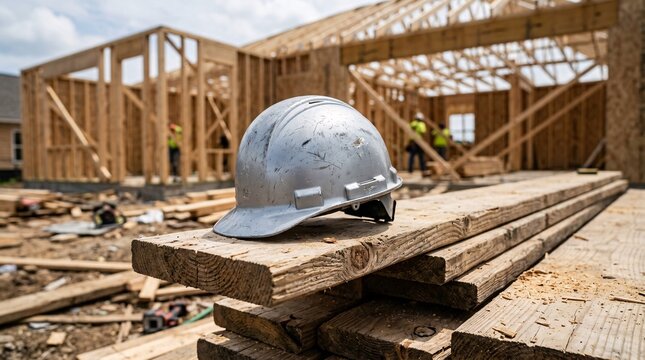 Scratched metallic silver protective hardhat rests casually on a stack of rough raw pine wooden planks against a blurred house construction.