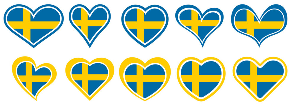 Collections Sweden flag heart shaped icon set. Sweden flag love symbol. Romantic Sweden flag badge emblem design vector illustration
