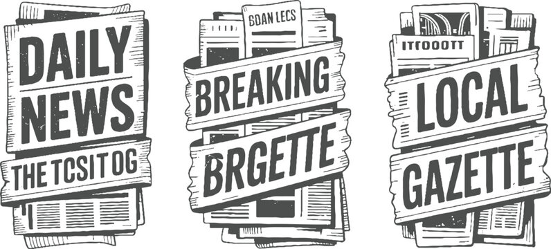 Three vintage newspaper stacks with bold text daily news breaking gazette