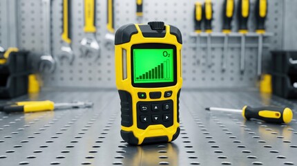 Fototapeta premium Oxygen gas detector device on a workshop table with tools and equipment in background for industrial safety