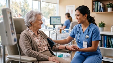 Obraz premium Compassionate female nurse taking an elderly patient's blood pressure during a routine medical check-up in a modern clinic, highlighting professional healthcare and elder care