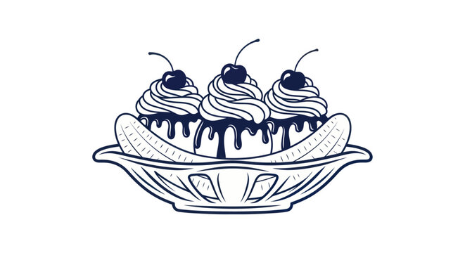 Banana Split Dessert Line Art Illustration