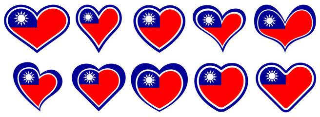 Collections Taiwan flag heart shaped icon set. Taiwan flag love symbol. Romantic Taiwan flag badge emblem design vector illustration © Javanism