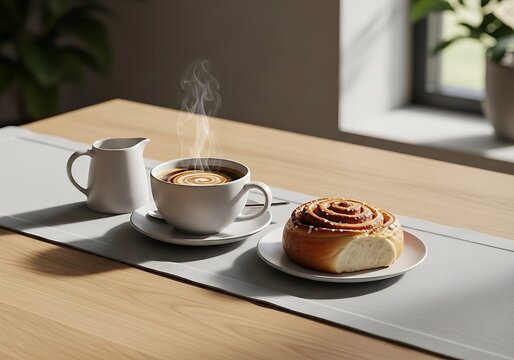 Fresh cinnamon roll and a hot steaming cup of coffee on a wooden table in a cozy home kitchen. kaffe pause