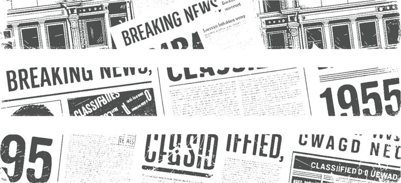 Vintage newspaper pages with breaking news and classified ads in distressed grayscale