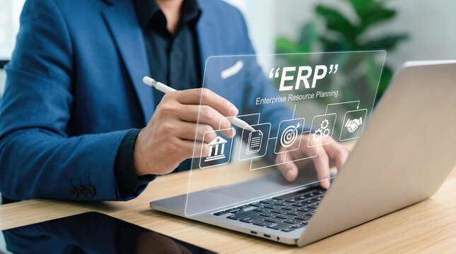 Businessman using erp software on laptop for enterprise resource planning
