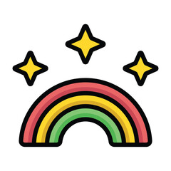 Fototapeta premium Colorful rainbow flat color outline style symbol with decorative stars. Suitable for weather, happiness, fantasy, nature, celebration, and cheerful themed designs on isolated background.