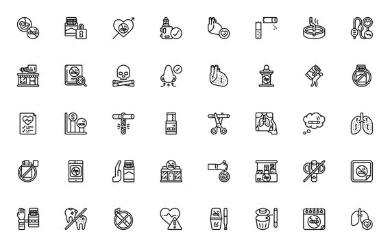 Quit smoking icon set. Minimal vector icons pack. No smoking, vaping, addiction, lung cancer, nicotine patch, health, heart, lungs, clinic, hypnosis, and more. Editable stroke.