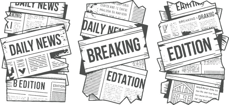 Stacked newspapers with headlines daily news breaking edition and text