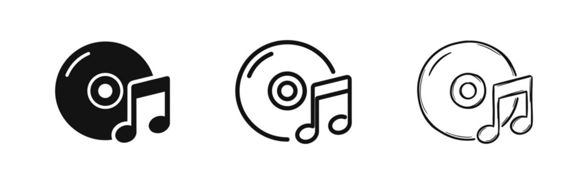 Music Compact Disc and Musical Note Icon Set in Three Different Styles