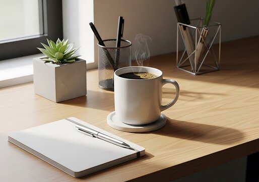 A cup of coffee on a wooden desk with a notebook and a plant in a sunny office. kaffe pause