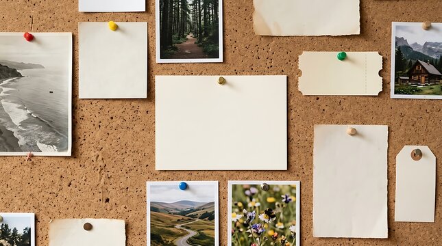 Vision board on corkboard with nature photos and blank notes