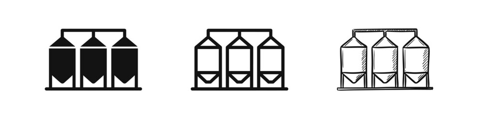 Industrial Grain Silos and Agricultural Storage Tank Icons in Solid, Outline, and Sketch Style © drawing lines