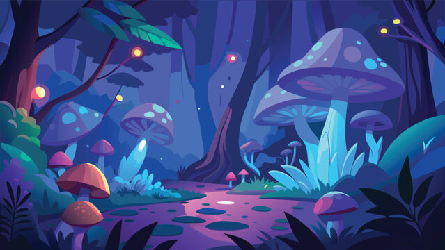Enchanting forest path with glowing mushrooms and fireflies during twilight fantasy concept vector illustration