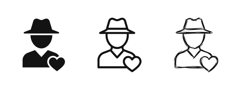 Private Investigator Romance Icon Set with Man in Hat and Heart in Solid Outline and Sketch Style