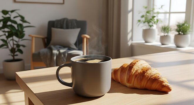 A cup of coffee and a fresh croissant on a wooden table in a sunny cozy living room. kaffe pause