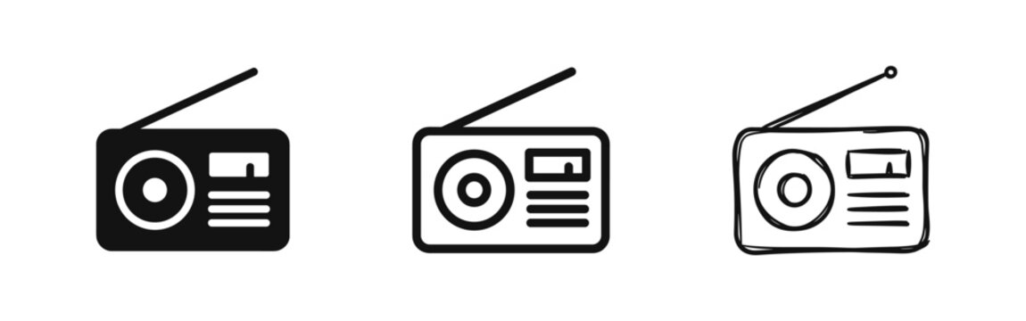 Retro Portable Radio and FM Broadcasting Icons with Antenna for Audio and Music Entertainment