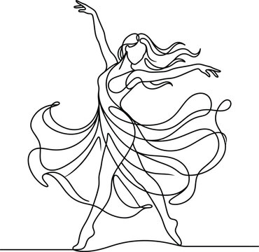 Continuous line art of a graceful woman dancing in a flowing dress.