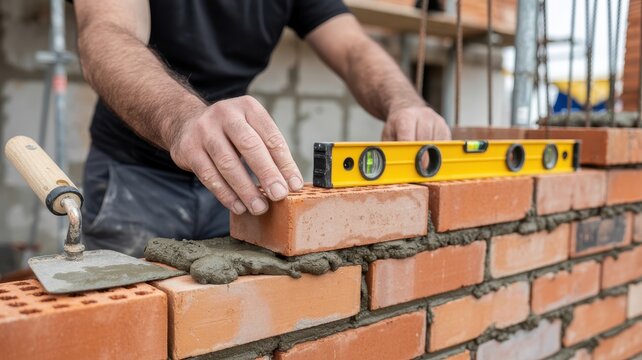 Professional builder using a spirit level tool to align red bricks on a construction site wall