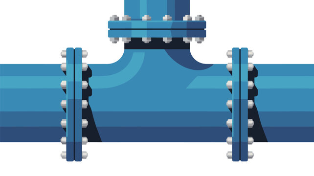 Blue industrial pipe T-junction connection features multiple silver bolted circular flanges against a plain white background in a clean flat graphic vector style.