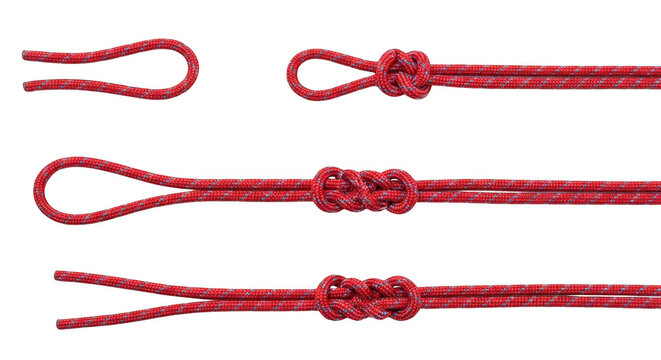 Red rope with figureeight knot variations isolated on transparent background