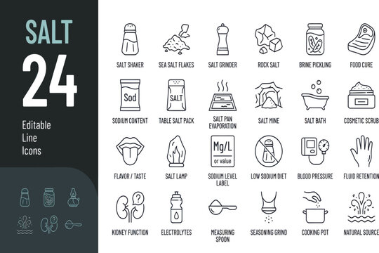 Set of 24 salt and sodium related thin line vector icons Vector, illustration