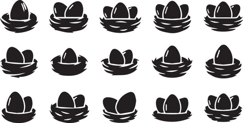 Fototapeta premium Bird Nest with Eggs Icon Set: Flat Vector Silhouette Graphic